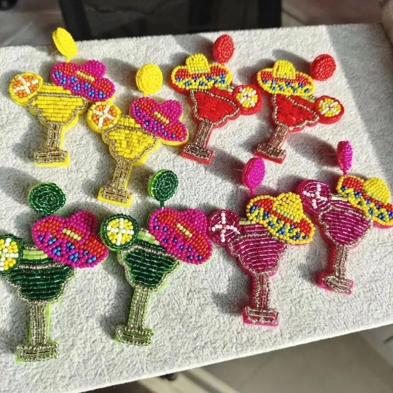 new Fashion Red Margarita Earrings for Women Handmade Statement Beaded Champagne Wine Glass Bohemian Seed Beads Drop Earrings