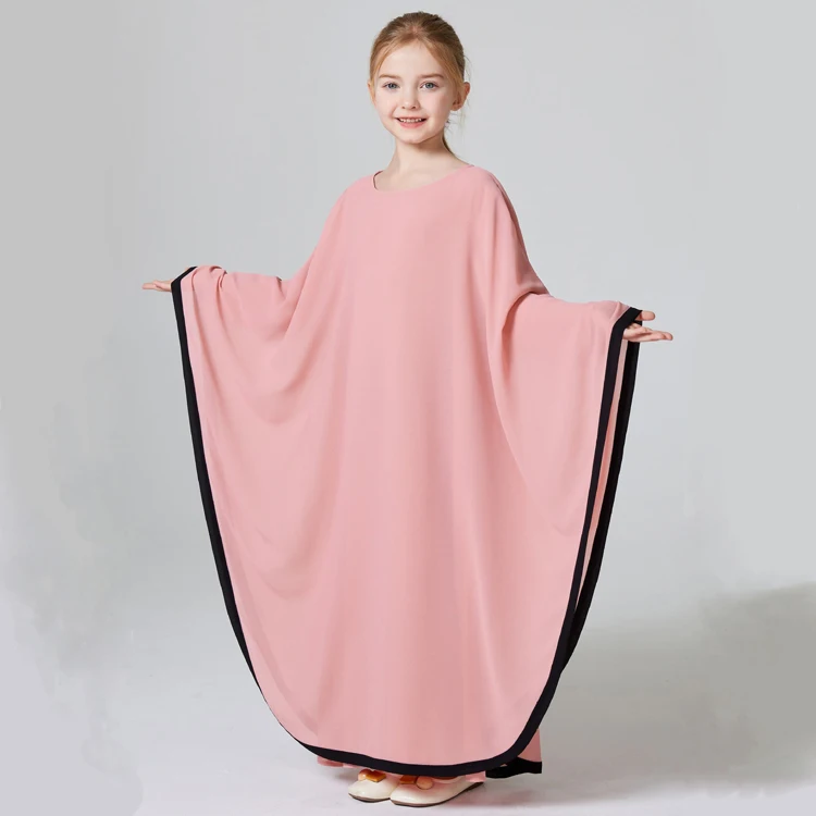 Abaya Girls Two-piece Set Kebaya Contrasting Chiffon Abaya Round Neck Dress Long Robe Islamic Muslim Kids Prayer Clothing Caftan
