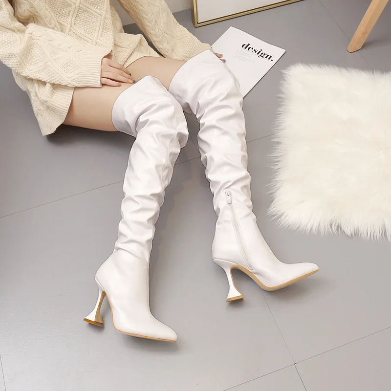 2021 winter new boots women stiletto pointed white high heels knee-to-the-knee slimming boots 35-42