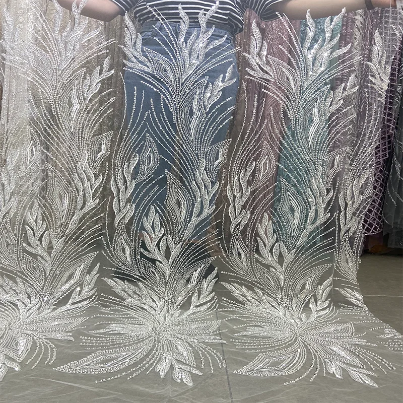 Latest Design Wedding Dress Lace Crystal Sequins Mesh Embroidery Tulle Performance Dress Swiss Fabric