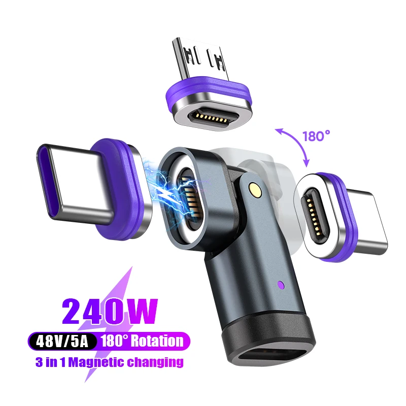 180 Degree Bending 3 Magnetic Tips Phone Laptop Type C (USB-C) Charger Adapter Converter