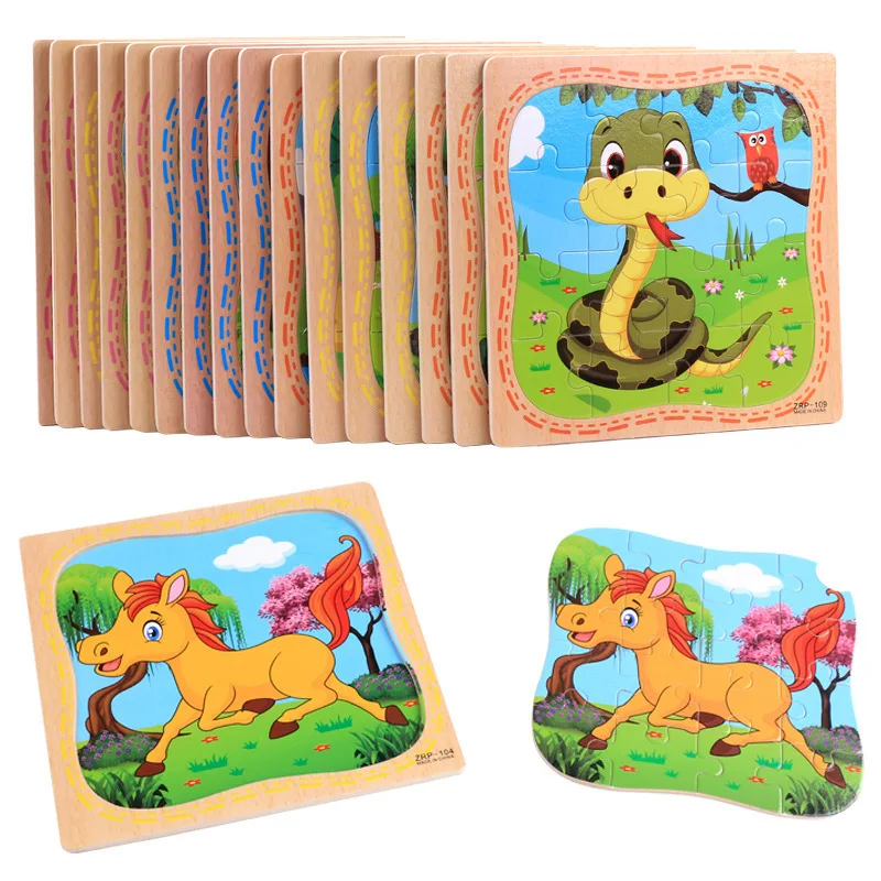 Hot sale 16 Pcs Teaching Aids Cartoon Puzzle Montessori early educational Wood Jigsaw Puzzle For Kids Toddler Boys & Girls CE