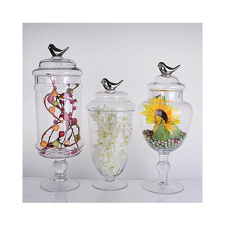 Wholesale Big Size Storage Apothecary Candy Wedding Decorative Glass Jars with silver bird decor attached