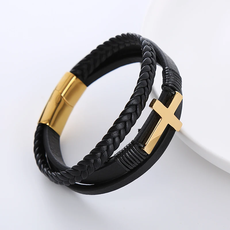 magnetic clasp stainless steel wristband cross real genuine leather bracelet men