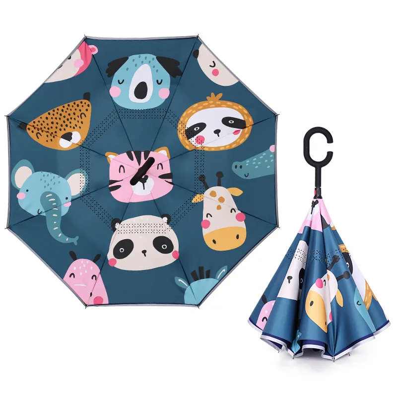 Cute cartoon animal print small reverse umbrella c shaped handle reverse compact umbrella with reflective strip for kids