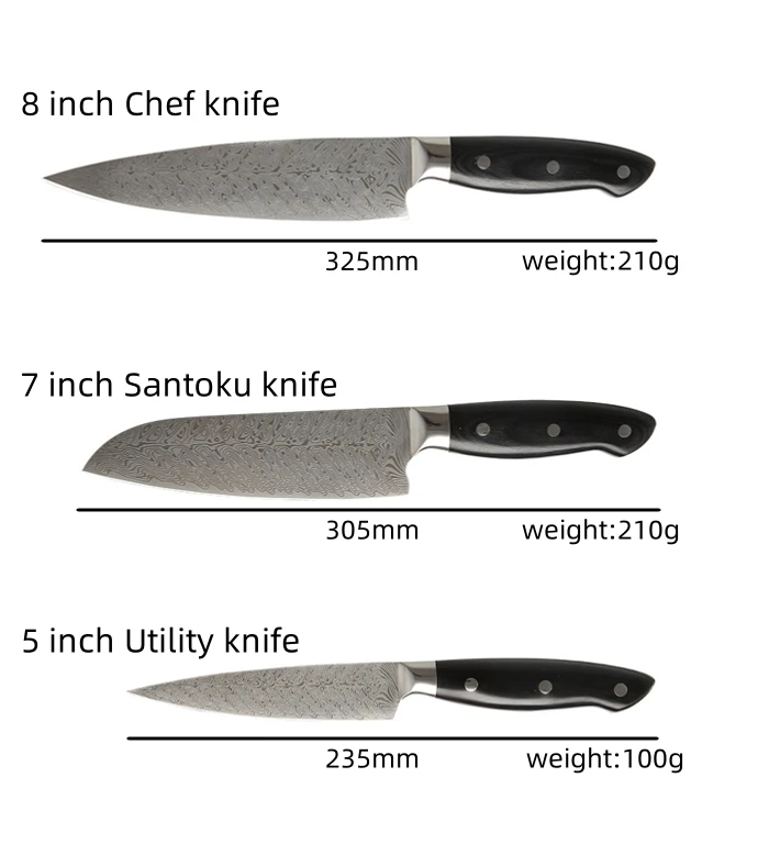 Hot Selling 3PCS  Kitchen Damascus Chef Knives Japanese Santoku  Utility Knife Damascus Steel Laser Pattern Kitchen Knife Set