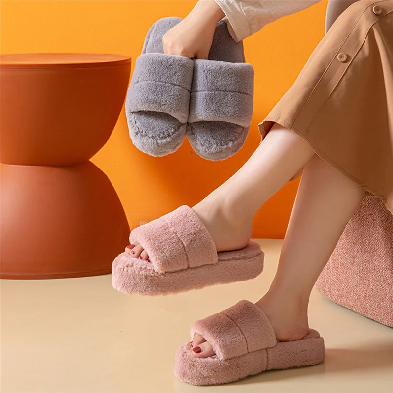 Winter Women House Slippers Faux Fur Warm Platform Shoes Female Slip On Home Furry Ladies Slippers Solid Color Wholesale