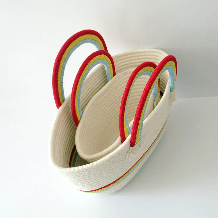 Wholesale Women Summer Beach Solid Color Stripes Pattern Rainbow Handle Straw Woven Handbags