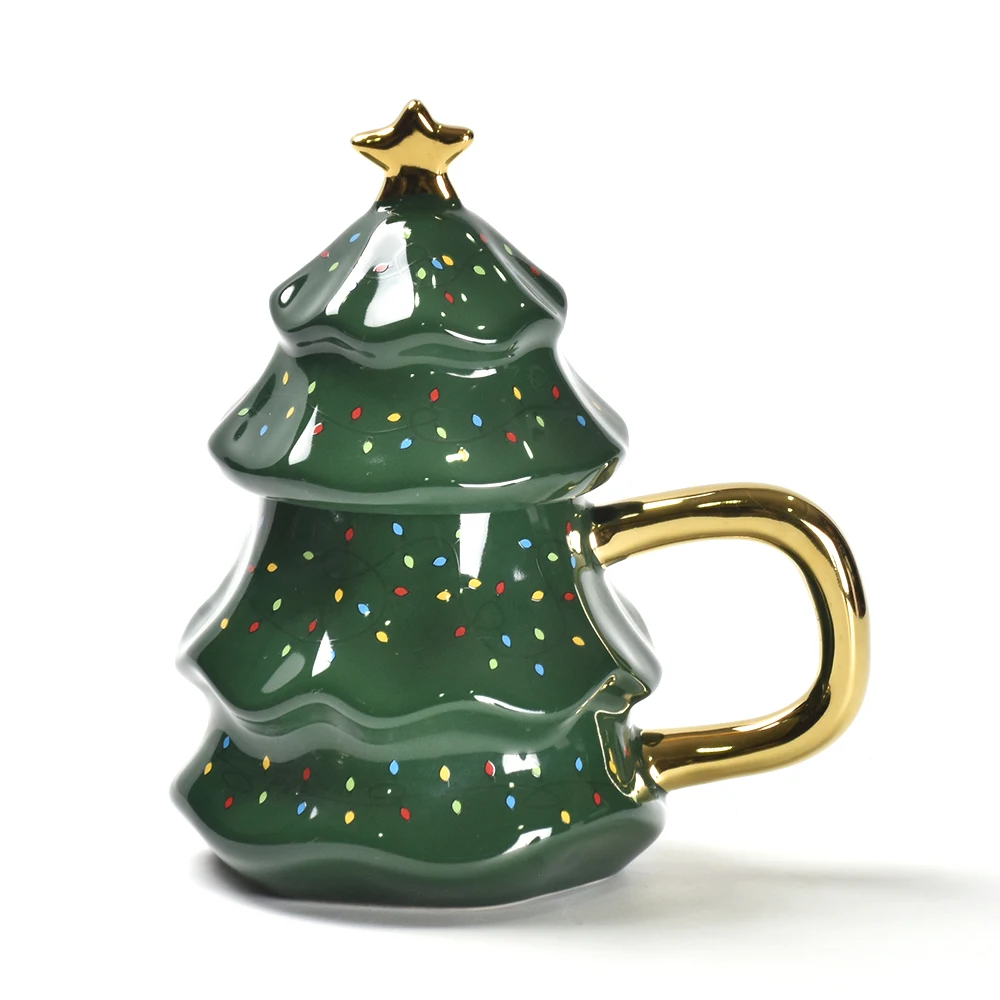 Creative Ceramic Coffee Cup Large Capacity Milk Tea Drinking Cup Christmas Tree Mug with Lid Christmas Gift