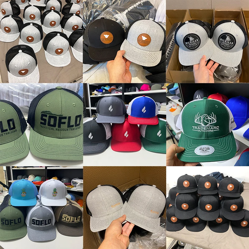 Custom Embroidery Leather Patch Fitted Baseball Caps Camo Trucker Hat Richardson 168 7-Panel Flat-Bill Trucker Hat