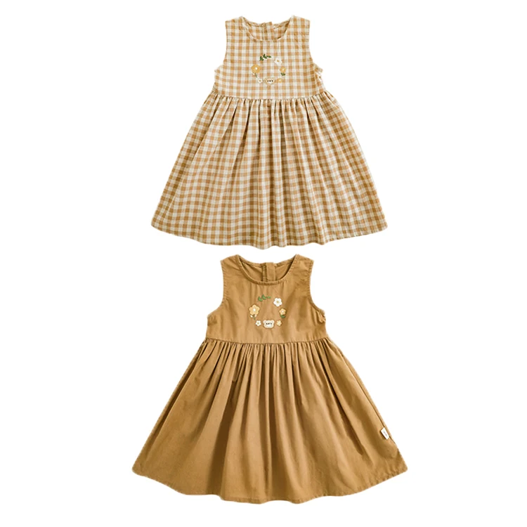 YOEHYAUL Wholesale Plaid 4-8 Years Old Embroidery Sleeveless Baby Girl Sleeveless Cute Dresses