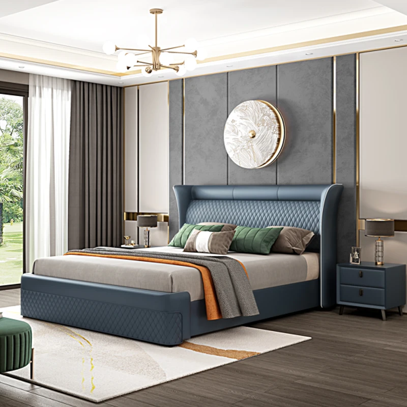 Italy Style Upholstery Stylish Designer Classic Leather Cheap King Size Set Furniture Luxury Bedroom Metal Bed Frame King Size