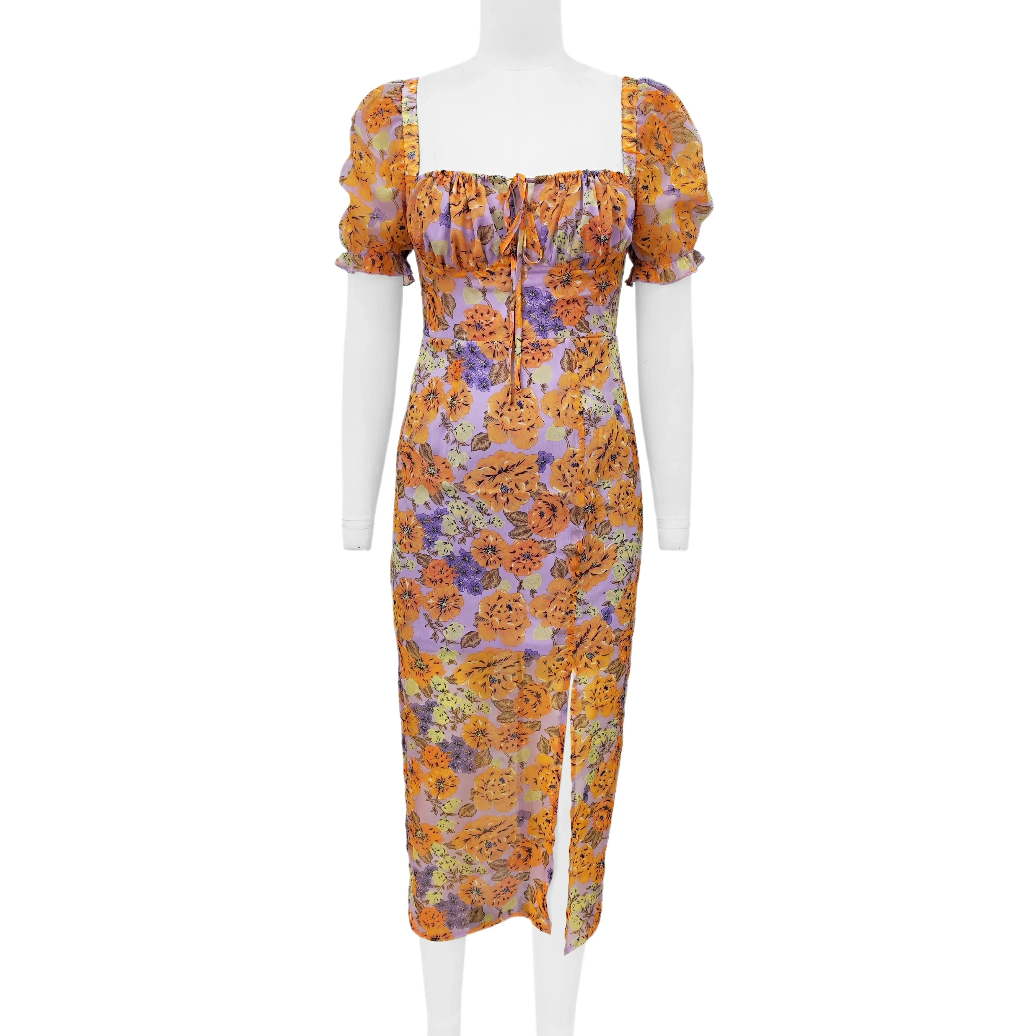 Ladies Formal Elegant Maxi Dress Square Collar Short Sleeves Pink Cotton Printed Casual Party Style Sexy Midi Summer Day Outfits