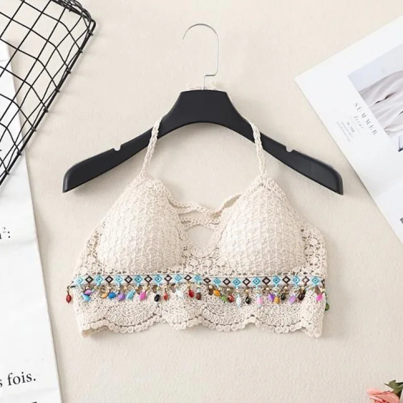 Bohemian national style lace up backless chest hollowed out hanging neck top embroidery knitted suspender vest beautiful back