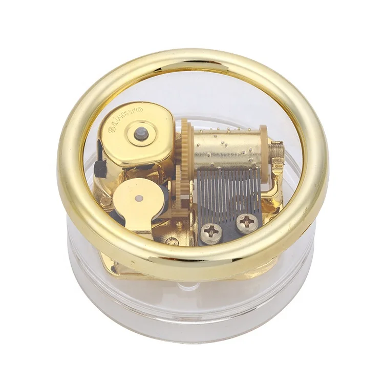 Ever Bright Wholesale Round-Shape Transparent Acrylic Music Box Metal Wind Up Gold Plating Mini Acrylic  Music Box For Kids Gift