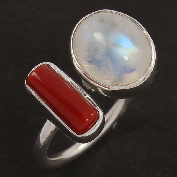 CORAL And RAINBOW MOONSTONE All German Size 925 Solid Sterling Silver Ring Natural Handmade Rings Cabochon Gemstones
