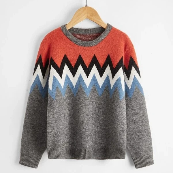 
Boys Chevron Pattern Drop Shoulder Long Sleeve Sweater 