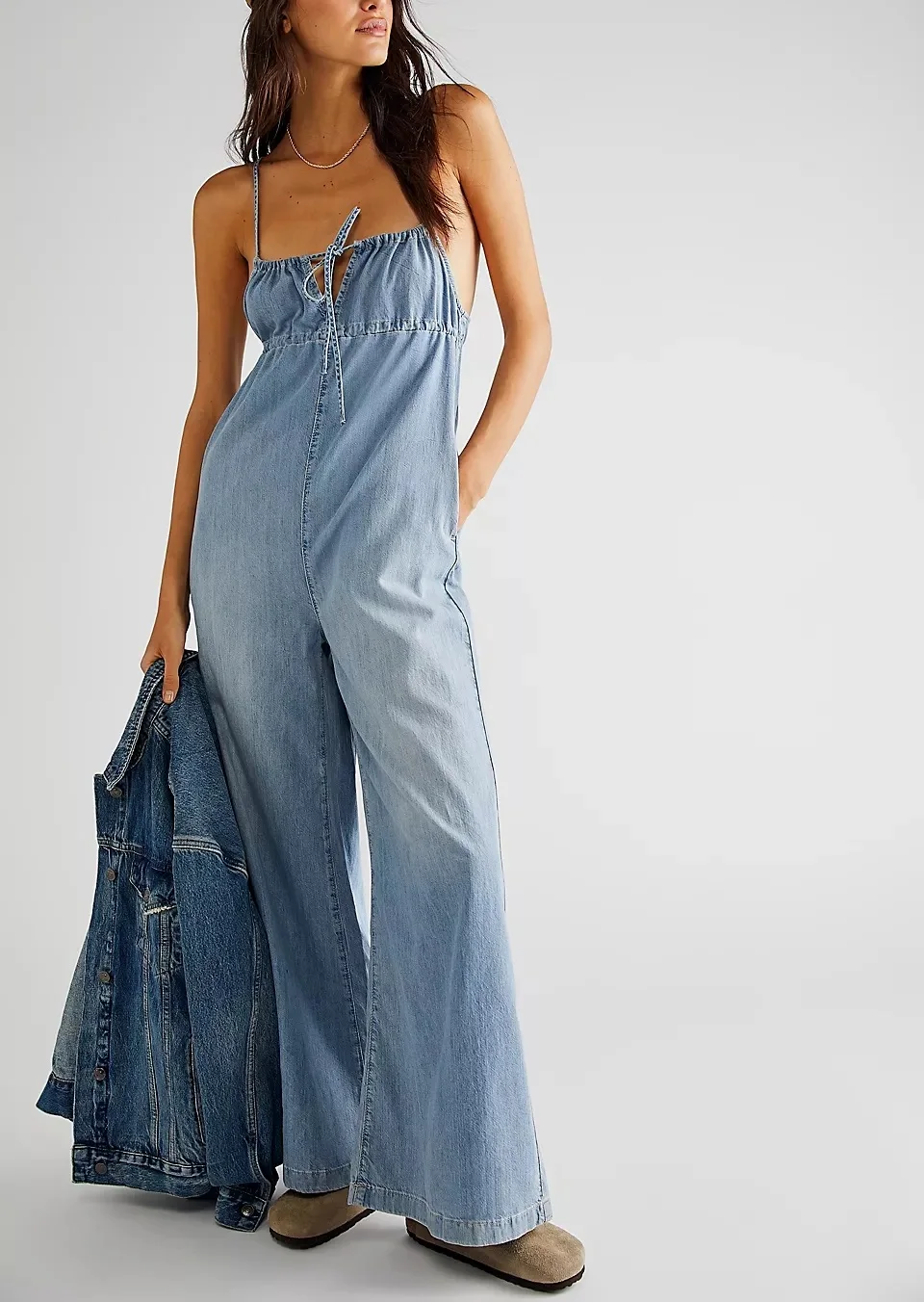 Джинсовые подтяжки цельный костюм без бретелек новое женское платье с широкими штучками пикантное высокая талия тонкий летний комбинезон