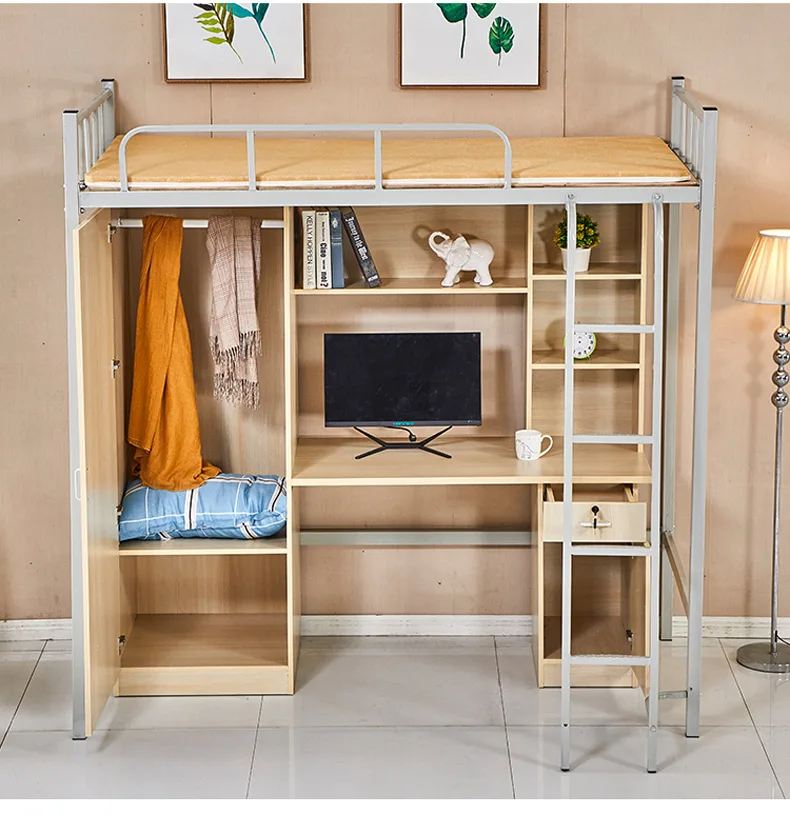 Modern Saving Space Bunk Bed With Desk Underneath Steel Bed Wooden Desk With Wardrobe For School Child Bedroom Apartment Use