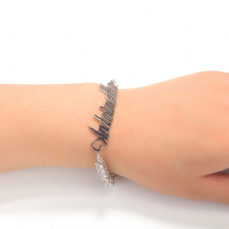 2020 Stainless Steel Name Plate Jewelry CZ Tennis Chain Bracelet Anklet Personalised For Women