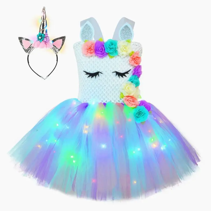 Girl Unicorn Costume LED Light Unicorn Dress For Halloween Birthday Party Costumes