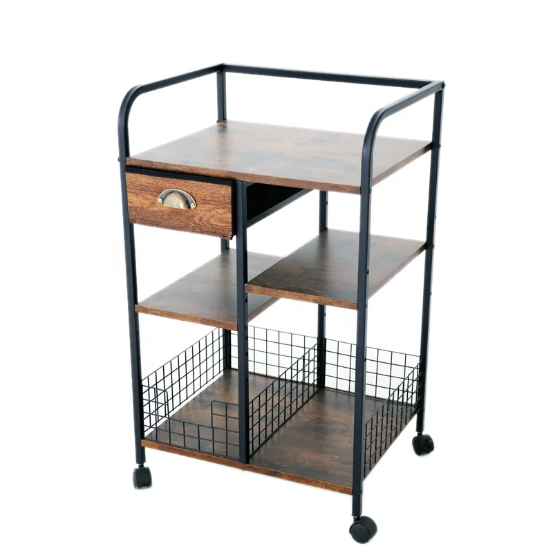 Modern Rustic Wood Kitchen Cart with Storage Drawer Mobile Coffee Table on Wheels Coffee Bar Station for Kitchen