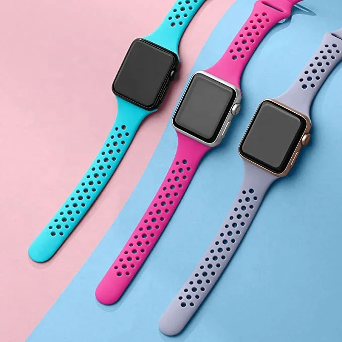 Ремешок спортивный из дышащего силикона для Apple Watch Band 44 мм 40 тонкий Тонкий Узкий браслет iWatch SE Series 6 5 4 42