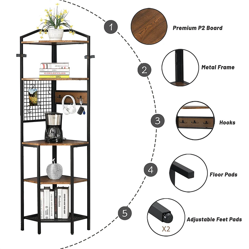 5-layer corner metal frame storage rack office wooden industrial style bookshelf bookcase