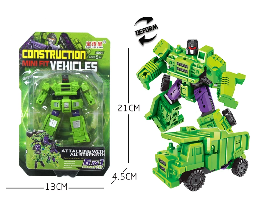 Green Color plastic Engineering Hybrid robot individual packaging 6 in 1 combination transform toy robot for kid