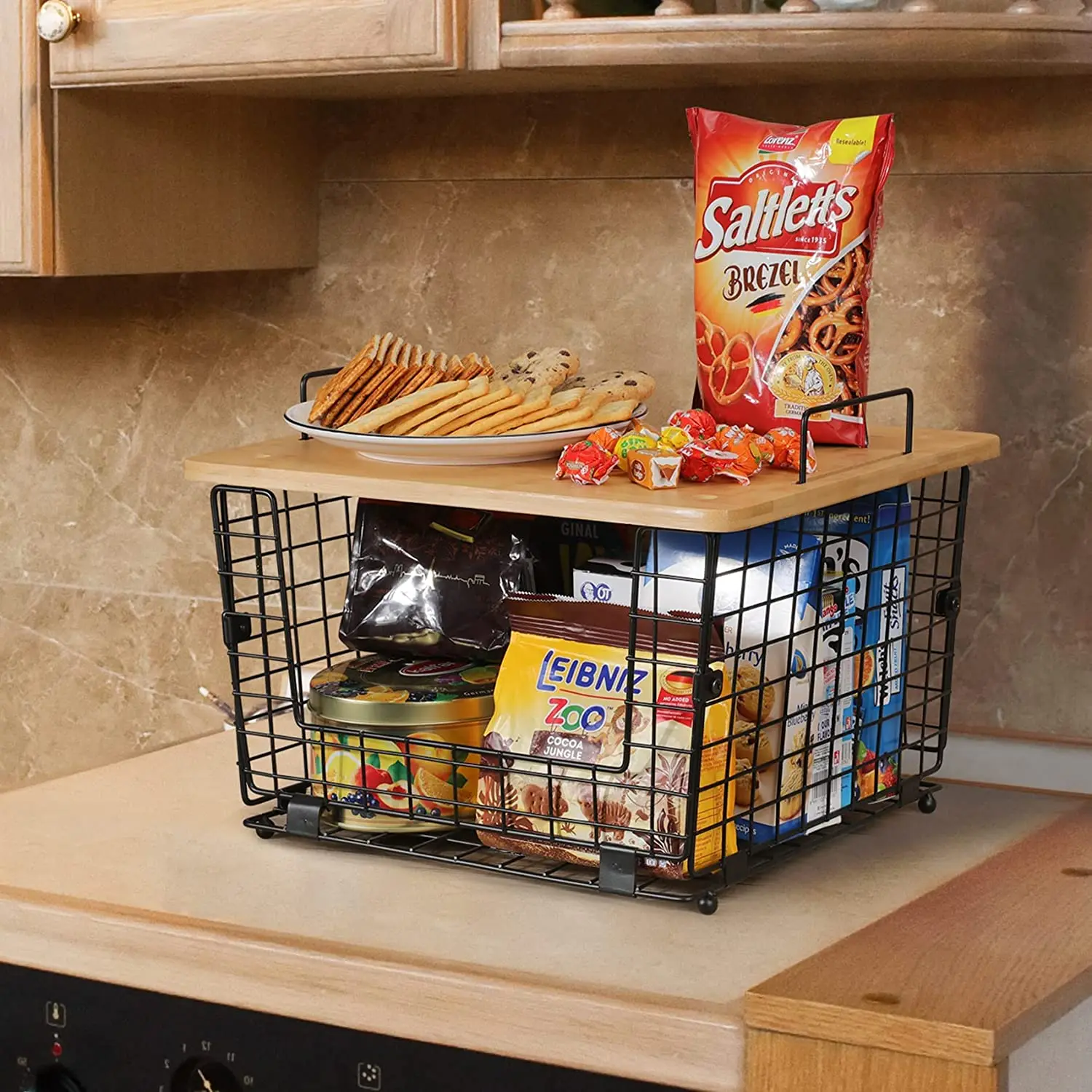 Kitchen Counter Basket Bamboo Top Pantry Cabinet Organization and Storage Wire Basket Countertop Organizer