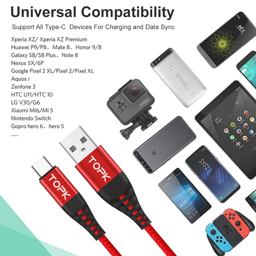  TOPK AN42 1 м (3 3 фута) 3а QC3.0 нейлоновый Плетеный USB Type C кабель для передачи