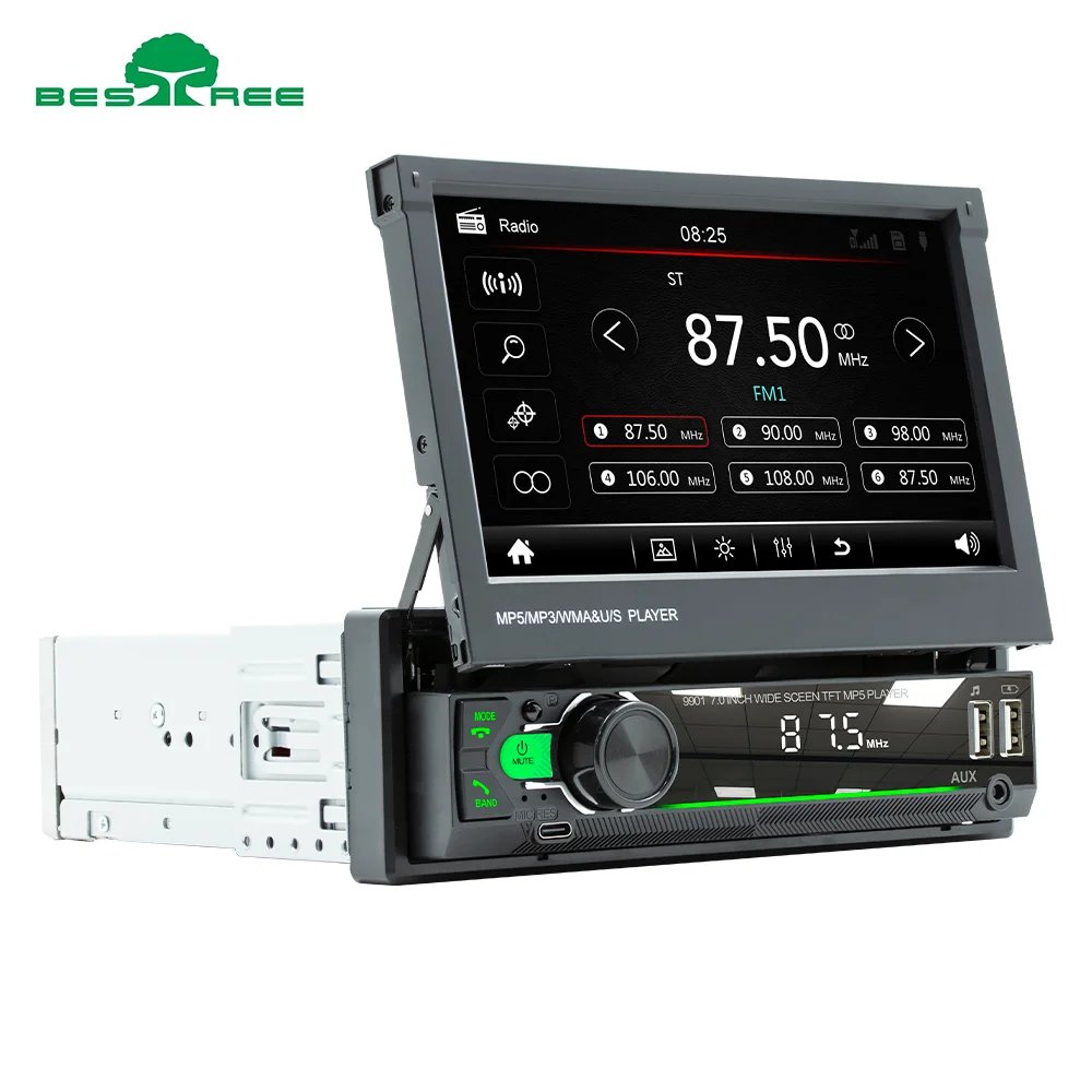 Bestree High Quality Low Price 1 din 7 inch retractable screen Car MP5 Player Car Radio With BT 5.1 FM mIrror link