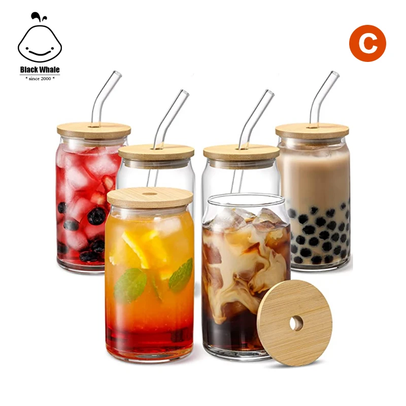 Custom 16oz Borosilicate Glassware Tumbler Cups Mugs Dinking Glasses Beer  cola Can glasses with Bamboo Lid and glass straw