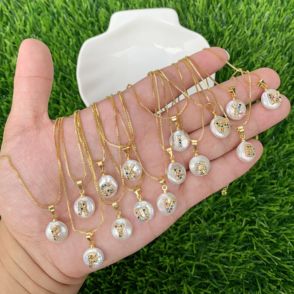 18k Gold Plated 26 Alphabet Letter Round Natural Freshwater Pearls Necklace Charm Name Pendant Chain Choker Lady Necklace