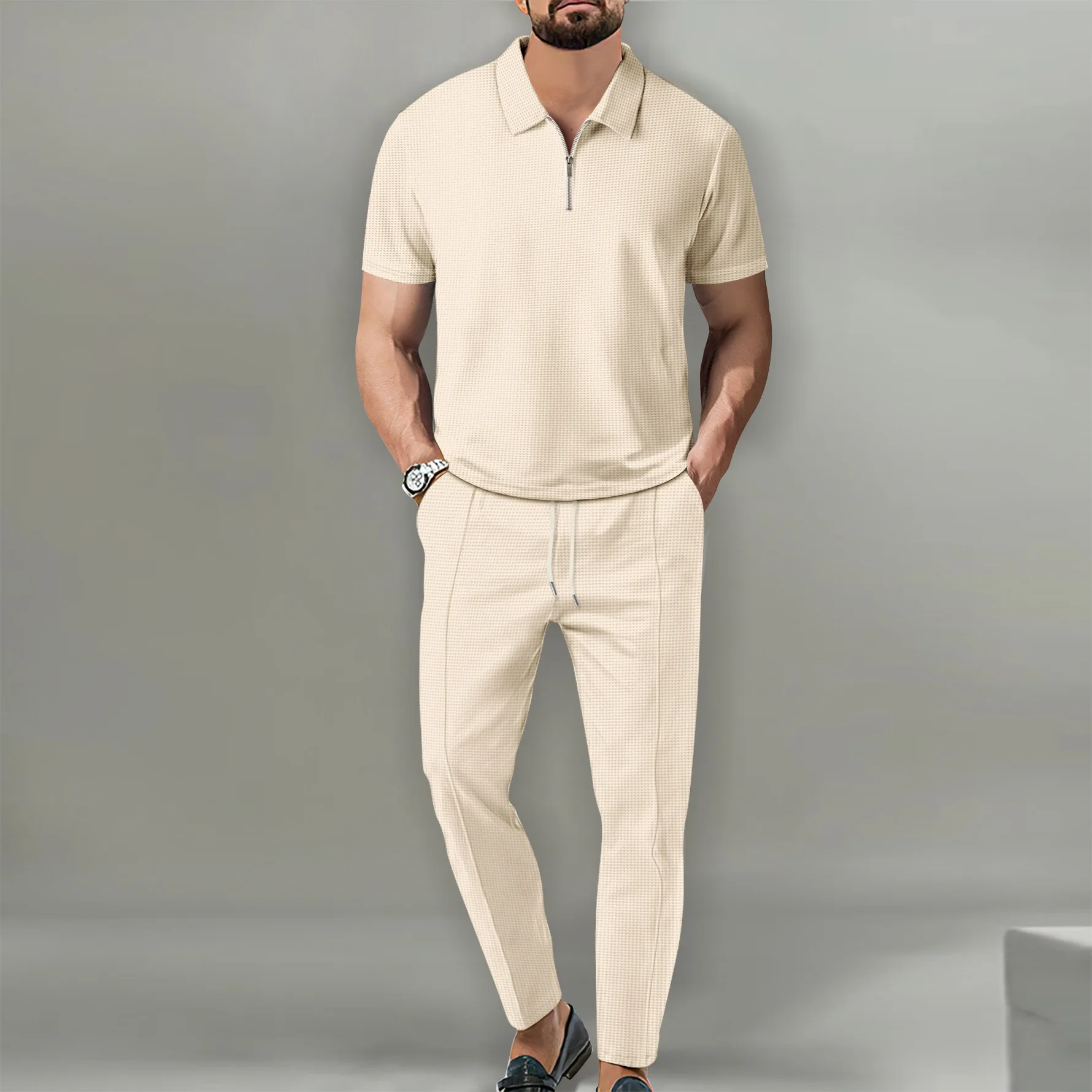 Designer Fashion Stylish Luxury 2 Piece Set for Men Waffle Polo Zipper Tshirt and Pants Two Piece Suit