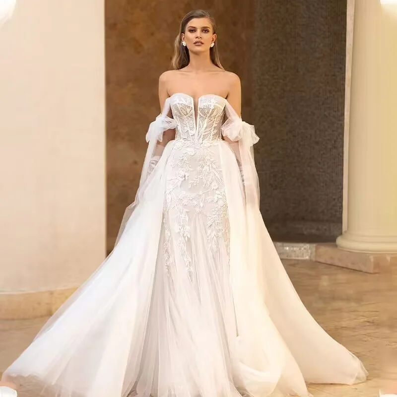 Wedding dress 2024 summer new line shoulder foreign trade wedding dress large skirt disassembly lace train wedding dress