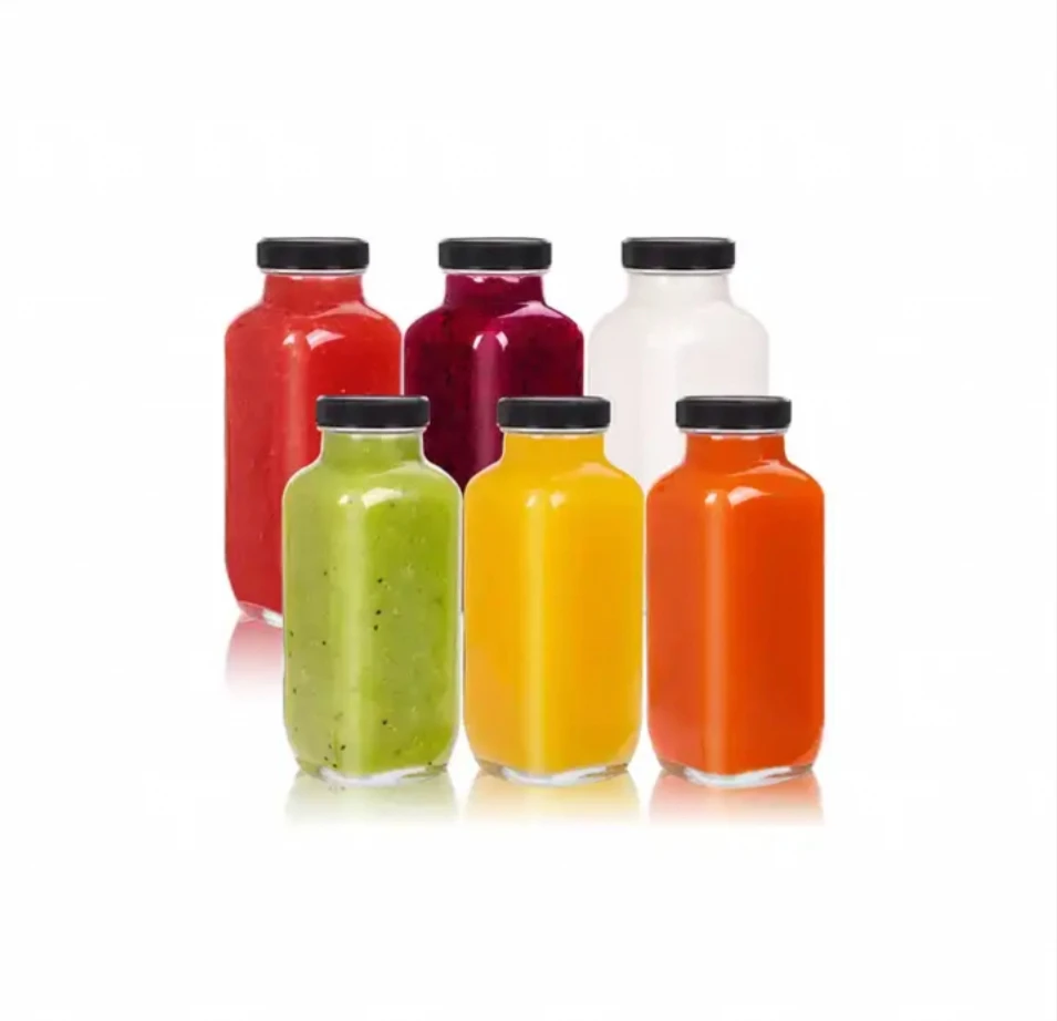 8oz 12oz 16oz glass reusable transparent france square juice milk bottle with black lid