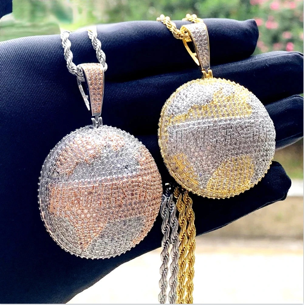 Hustlers World Globe Pendant Two Tone Gold Plated Micro Pave 5A CZ Round Map Hip Hop Men Necklace