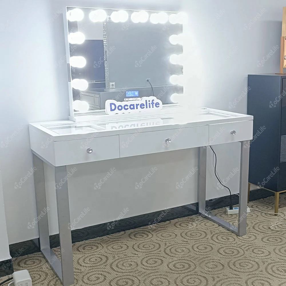 Stock on US ! Docarelife Nordic Modern Corner Vanities Hollywood Modern Impressive Glass Table Top  Vanity with LED Mirror