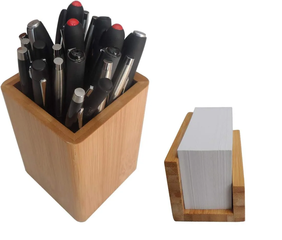 Bamboo and wood pen holder cup and desktop business card holder Office, home, school 2 pack