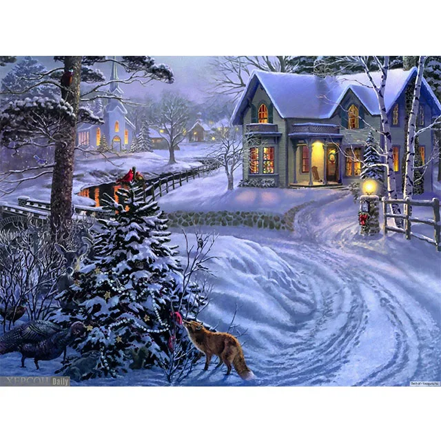 Winter Scenery Small Village Image Diy Oil Painting By Numbers For Adults Hand Paint.