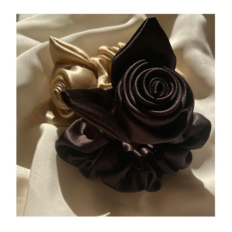 wholesale custom logo silk rose flower scrunchies hairband 100% pure mulberry silk hair scrunchies