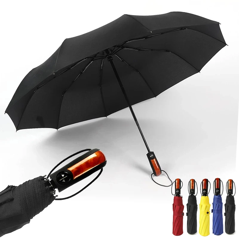 Folding Automatic Rain Women Wood grain handle Men Windproof Compact Travel Umbrella Car Male Auto Open/Close