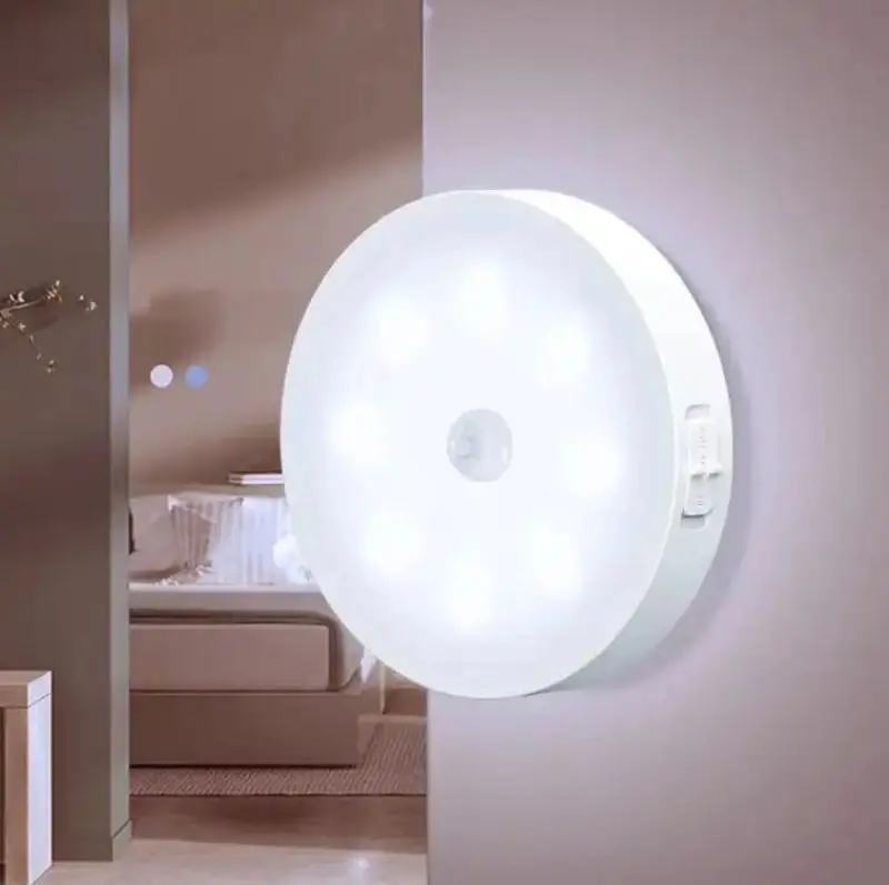 Round Smart LED Night Light Battery Powered Cabinet Bedside Bedroom Closet Closet Lighting Magnetic Suction Sensor Light