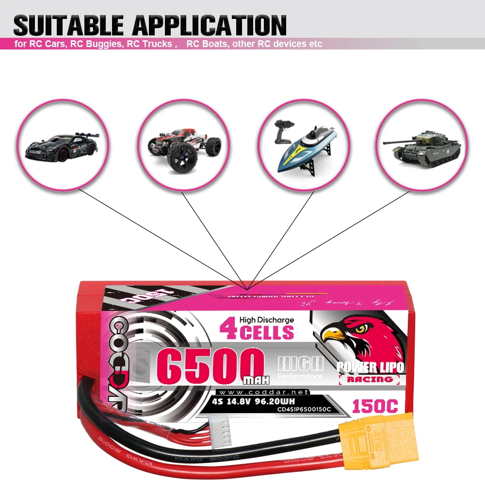 CODDAR 4S 6500MAH 14 8 V 150C XT90 проводной жесткий корпус RC LiPo Battery 1/10 1/8 Scale Car Boat Truggy