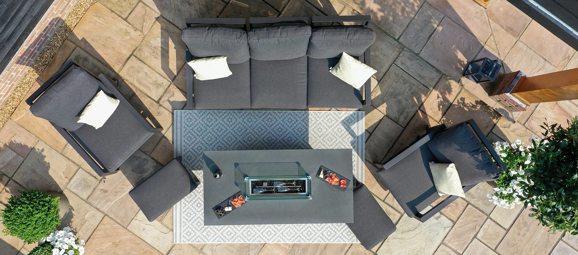 Reclining 3 Seat Sofa Set with Fire Pit Table & Footstools Aluminum Furniture Metal Outdoor Garden Set