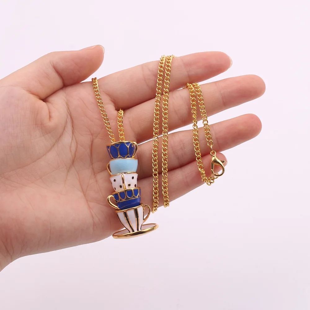 Jewelry fashion accessories enamel glaze tea cup coffee cup versatile sweater necklace pendant wholesale