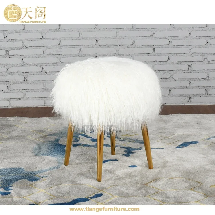 Luxury Interior Design Chrome Gold Stainless Steel Legs Mongolian Faux Fur Stool