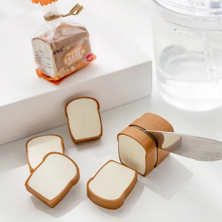 Promotional Custom School Stationery Supplies Creative Small Toast Bread Shape Pencil Erasers Kids Cute Eraser Set for Students