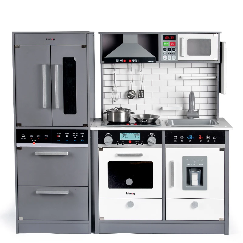 Big Wooden Cooking Kichen Accessories Set Toy With Refrigerator For Baby Kids Pretend Playing